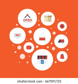 Flat Icons Bus, Pouch, Purse And Other Vector Elements. Set Of Store Flat Icons Symbols Also Includes Sign, Dress, Packaging Objects.