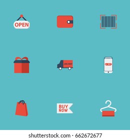Flat Icons Bus, Purchase, Present And Other Vector Elements. Set Of Store Flat Icons Symbols Also Includes Bus, Money, Shopping Objects.