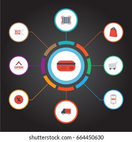 Flat Icons Bus, Purchase, Qr And Other Vector Elements. Set Of Shopping Flat Icons Symbols Also Includes Payment, Mobile, Handbag Objects.