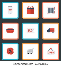 Flat Icons Bus, Qr, Sign And Other Vector Elements. Set Of Shopping Flat Icons Symbols Also Includes Percentage, Buy, Payment Objects.