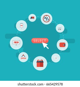 Flat Icons Bus, Shopping, Support And Other Vector Elements. Set Of Shopping Flat Icons Symbols Also Includes Trolley, Truck, Delivery Objects.