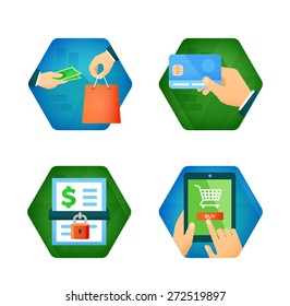 Flat icons of business theme like pay by credit card, secure payment,  online shopping.