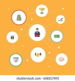 Flat Icons Businessman, Cash, Design And Other Vector Elements. Set Of Idea Flat Icons Symbols Also Includes Startup, Thinking, Leader Objects.