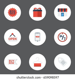 Flat Icons Buy Now , Dress Stand , Present Vector Elements. Set Of Magazine Flat Icons Symbols Also Includes Stand, Sale, Big Objects.