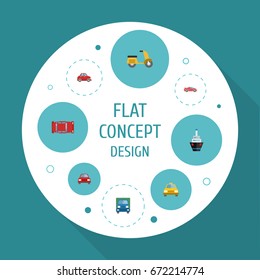 Flat Icons Cab, Luxury Auto, Scooter And Other Vector Elements. Set Of Transport Flat Icons Symbols Also Includes Vessel, Freight, Moped Objects.
