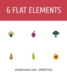 Flat Icons Cabbage, Apricot, Broccoli And Other Vector Elements. Set Of  Flat Icons Symbols Also Includes Cauliflower, Bean, Cabbage Objects.