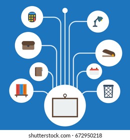 Flat Icons Calculate, Date, Trash Basket And Other Vector Elements. Set Of Office Flat Icons Symbols Also Includes Puncher, Table, Bookcase Objects.