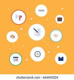 Flat Icons Calendar, Handshake, Spectacles Vector Elements. Set Of Job Flat Icons Symbols Also Includes Date, Spectacles, Suit Objects.