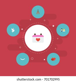 Flat Icons Calendar, Pigeon, Jewelry And Other Vector Elements. Set Of Engagement Flat Icons Symbols Also Includes Pigeon, Soul, Freedom Objects.