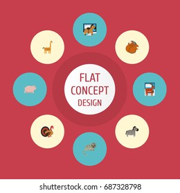 Flat Icons Camelopard, Horse, Moose And Other Vector Elements. Set Of Zoology Flat Icons Symbols Also Includes Nut, Cat, Swine Objects.
