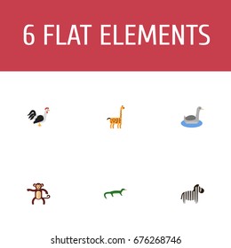 Flat Icons Camelopard, Rooster, Reptile And Other Vector Elements. Set Of Zoology Flat Icons Symbols Also Includes Gecko, Animal, Mammal Objects.