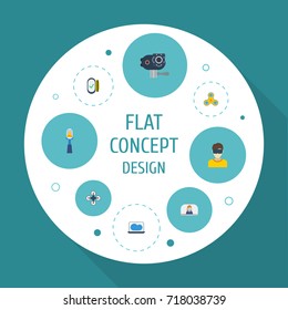 Flat Icons Camera, Laptop, Quadcopter And Other Vector Elements. Set Of Trendy Flat Icons Symbols Also Includes Virtual, Fidget, Relief Objects.