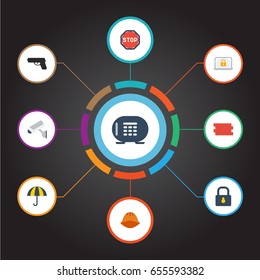 Flat Icons Camera, Parasol, Gun And Other Vector Elements. Set Of Security Flat Icons Symbols Also Includes Helm, Lock, Vault Objects.