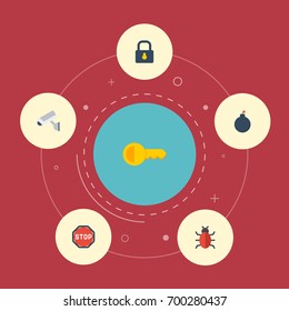 Flat Icons Camera, Road Sign, Explosive And Other Vector Elements. Set Of Safety Flat Icons Symbols Also Includes Door, Camera, Supervision Objects.