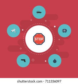 Flat Icons Camera, Road Sign, Explosive And Other Vector Elements. Set Of Procuring Flat Icons Symbols Also Includes Armored, Shot, Weapon Objects.