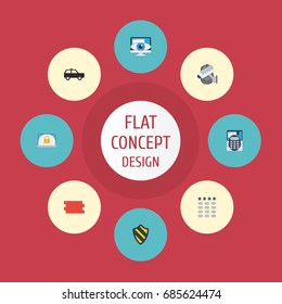 Flat Icons Camera, Walkie-Talkie, Vision And Other Vector Elements. Set Of Security Flat Icons Symbols Also Includes Armored, Shield, Protection Objects.