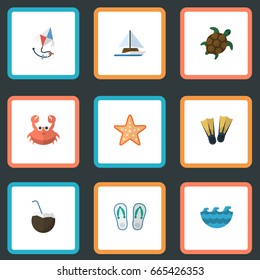 Flat Icons Cancer, Fly, Tortoise And Other Vector Elements. Set Of Beach Flat Icons Symbols Also Includes Sail, Tortoise, Cancer Objects.