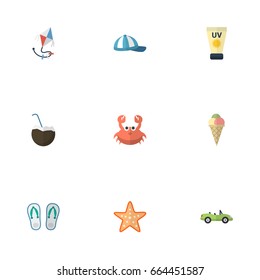 Flat Icons Cancer, Slippers, Car And Other Vector Elements. Set Of Summer Flat Icons Symbols Also Includes Coupe, Hat, Sun Objects.