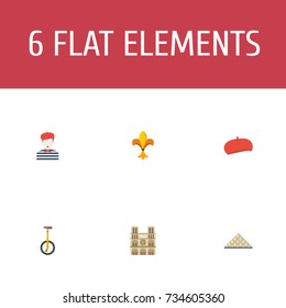 Flat Icons Cap, Pantomime, Cathedral And Other Vector Elements. Set Of France Flat Icons Symbols Also Includes Museum, De, Cathedral Objects.