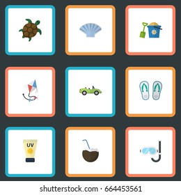 Flat Icons Car, Cocos, Tortoise And Other Vector Elements. Set Of Season Flat Icons Symbols Also Includes Shovel, Drink, Car Objects.