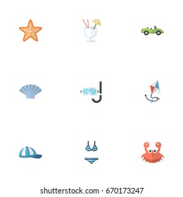 Flat Icons Car, Conch, Fly And Other Vector Elements. Set Of Beach Flat Icons Symbols Also Includes Cabriolet, Car, Drink Objects.