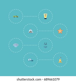 Flat Icons Car, Conch, Sailboard And Other Vector Elements. Set Of Beach Flat Icons Symbols Also Includes Sea, Beach, Starfish Objects.