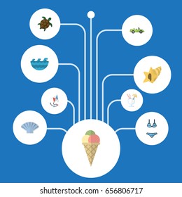 Flat Icons Car, Drink, Beachwear And Other Vector Elements. Set Of Beach Flat Icons Symbols Also Includes Turtle, Alcohol, Animal Objects.