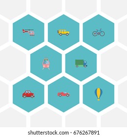 Flat Icons Car, Luxury Auto, Streetcar And Other Vector Elements. Set Of Vehicle Flat Icons Symbols Also Includes Tramcar, Truck, Streetcar Objects.