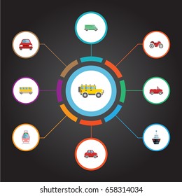 Flat Icons Car, Motorbike, Boat And Other Vector Elements. Set Of Auto Flat Icons Symbols Also Includes Car, Vehicle, Ship Objects.
