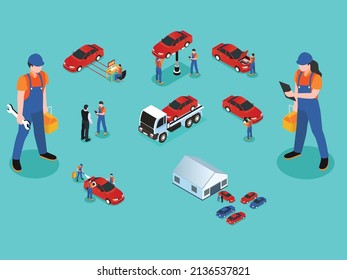 Flat icons car repair service - different workers in the process of repairing the car, tire service, diagnostics isometric 3d vector concept