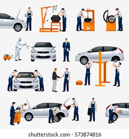 Flat icons car repair service, different workers in the process of repairing the car, tire service, diagnostics, vehicle painting, window replacement spare parts. Vector illustration