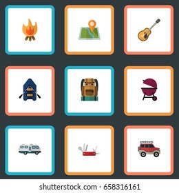 Flat Icons Caravan, Fire, Music And Other Vector Elements. Set Of Camp Flat Icons Symbols Also Includes Balefire, Map, Music Objects.