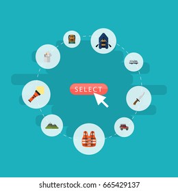 Flat Icons Caravan, Lighter, Bag And Other Vector Elements. Set Of Camp Flat Icons Symbols Also Includes Cutter, Bag, Pocket Objects.
