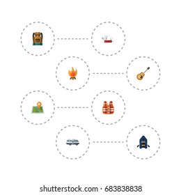 Flat Icons Caravan, Ship, Lifesaver And Other Vector Elements. Set Of Camp Flat Icons Symbols Also Includes Fire, Balefire, Boat Objects.