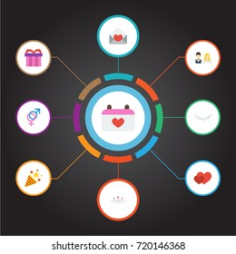 Flat Icons Card, Present, Sexuality Symbol And Other Vector Elements. Set Of Marriage Flat Icons Symbols Also Includes Necklace, Wedding, Gender Objects.