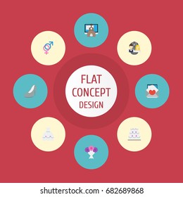 Flat Icons Card, Sandal, Wedding Gown Vector Elements. Set Of Marriage Flat Icons Symbols Also Includes Invitation, Gown, Cake Objects.