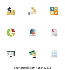 Flat Icons Card, Stock, Paper And Other Vector Elements. Set Of Accounting Flat Icons Symbols Also Includes Outgoings, Card, Chart Objects.