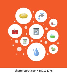 Flat Icons Carpet Vacuuming, Sponge, Gauntlet And Other Vector Elements. Set Of Hygiene Flat Icons Symbols Also Includes Wisp, Drop, Sponge Objects.