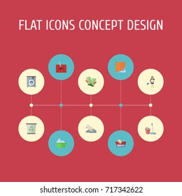 Flat Icons Carpet Vacuuming, Towel, Laundry And Other Vector Elements. Set Of Hygiene Flat Icons Symbols Also Includes Cleaning, Machine, Cloth Objects.