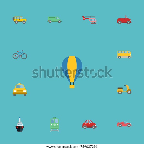 Flat Icons Carriage, Airship, Scooter And Other\
Vector Elements. Set Of Vehicle Flat Icons Symbols Also Includes\
Chopper, Moped, Cabriolet\
Objects.