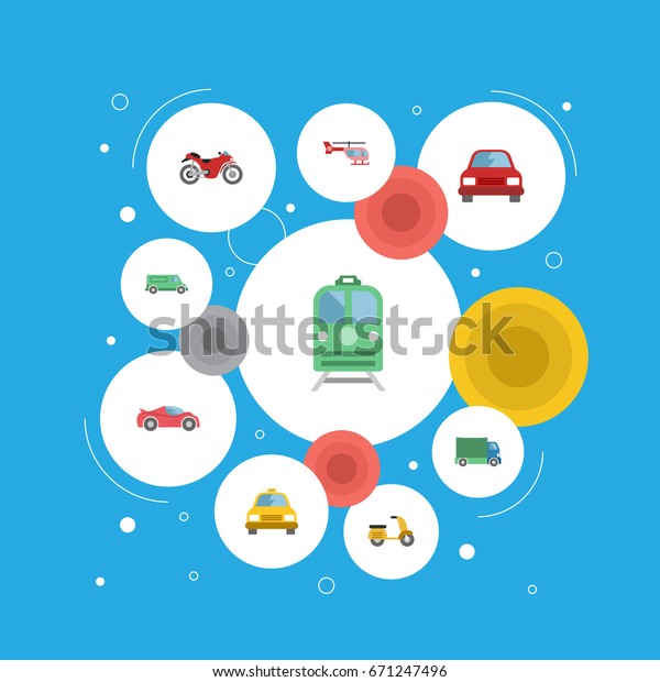 Flat Icons Carriage, Automobile,\
Motorbike And Other Vector Elements. Set Of Transport Flat Icons\
Symbols Also Includes Carriage, Cab, Chopper\
Objects.
