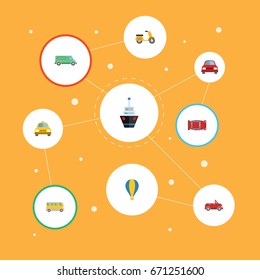 Flat Icons Carriage, Cab, Automobile And Other Vector Elements. Set Of Transport Flat Icons Symbols Also Includes Vessel, Bus, Taxi Objects.