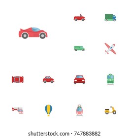 Flat Icons Carriage, Streetcar, Automotive And Other Vector Elements. Set Of Transport Flat Icons Symbols Also Includes Balloon, Transport, Van Objects.
