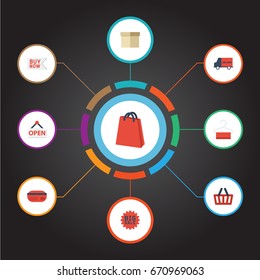 Flat Icons Case , Dress Stand , Buy Now Vector Elements. Set Of Shopping Flat Icons Symbols Also Includes Delivery, Bag, Stand Objects.