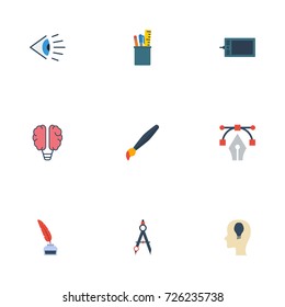 Flat Icons Case, Eye, Bulb And Other Vector Elements. Set Of Original Flat Icons Symbols Also Includes Drawing, Idea, Brush Objects.