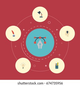 Flat Icons Case, Pencil, Concept And Other Vector Elements. Set Of Constructive Flat Icons Symbols Also Includes Drawing, Inkwell, Notion Objects.