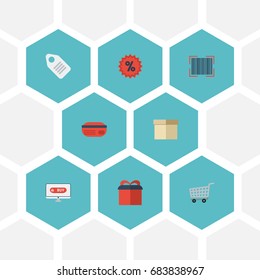 Flat Icons Case, Present, Qr And Other Vector Elements. Set Of Store Flat Icons Symbols Also Includes Laptop, Gift, Payment Objects.