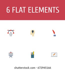 Flat Icons Case, Screen, Writing And Other Vector Elements. Set Of Creative Flat Icons Symbols Also Includes Drawing, Case, Bezier Objects.