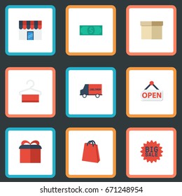 Flat Icons Case, Shop, Bus And Other Vector Elements. Set Of Shopping Flat Icons Symbols Also Includes Advertising, Big, Bus Objects.