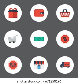Flat Icons Cash, Percentage, Trolley And Other Vector Elements. Set Of Store Flat Icons Symbols Also Includes Basket, Bus, Present Objects.